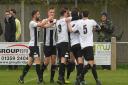 Harleston celebrate Lawrence Cheese's goal against Diss, which turned out to be the winner Picture: DENISE BRADLEY