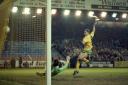 Robert Fleck scoring during NCFC v Manchester United at Carrow Road on January 21, 1990.