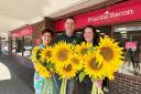 Pictured with donated sunflowers are Lamberts MD Trina Beare, (right), with farmer Rob Alexander (centre) and Sue Bird, store manager for Priscilla Bacon, Bowthorpe (left)