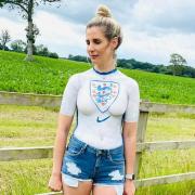 Lyndzi Harding wearing the England-themed body paint design by friend Sarah Patterson
