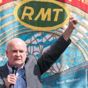 RMT general secretary, Mick Lynch speaks at a rally outside Kings Cross station, London.