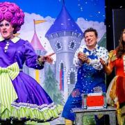 Pantomime dame Peter Brad-Leigh broke his leg during the dress rehearsal of The Magic of Panto at Diss Corn Hall. He is pictured with Jez Bond and Emily-Grace Fox